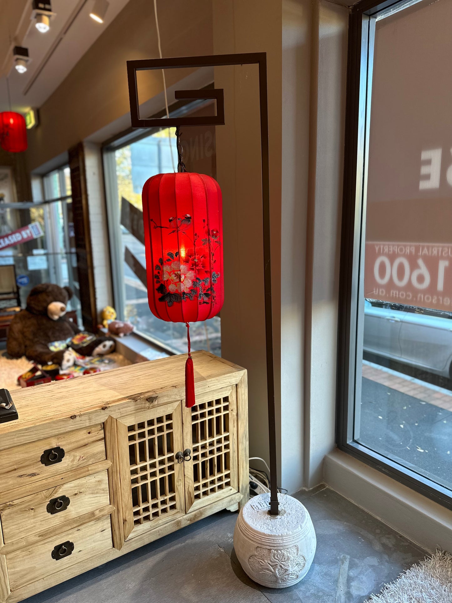 Chinese Prosperity Red Lantern with Antique White Stone Base