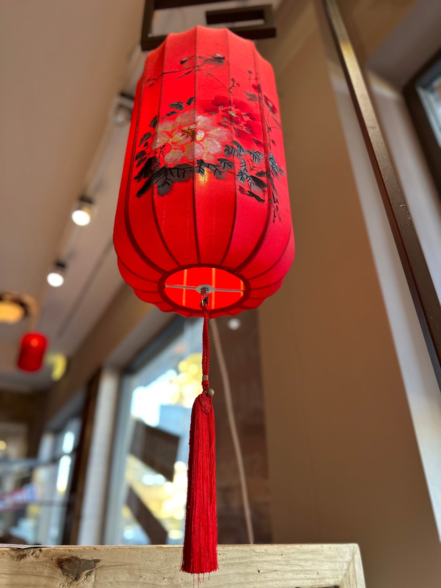 Chinese Prosperity Red Lantern with Antique White Stone Base