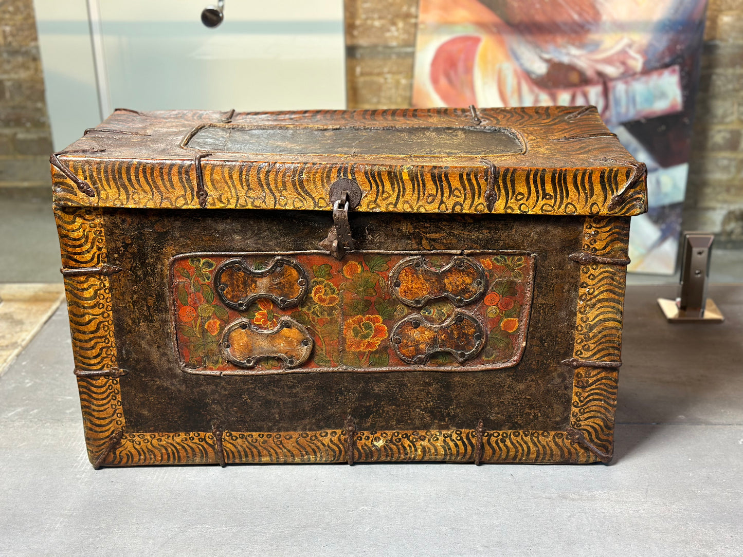 100 Year Old Mongolian Painted Leather Trunk