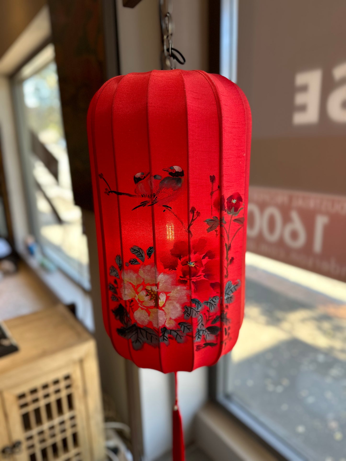 Chinese Prosperity Red Lantern with Antique White Stone Base