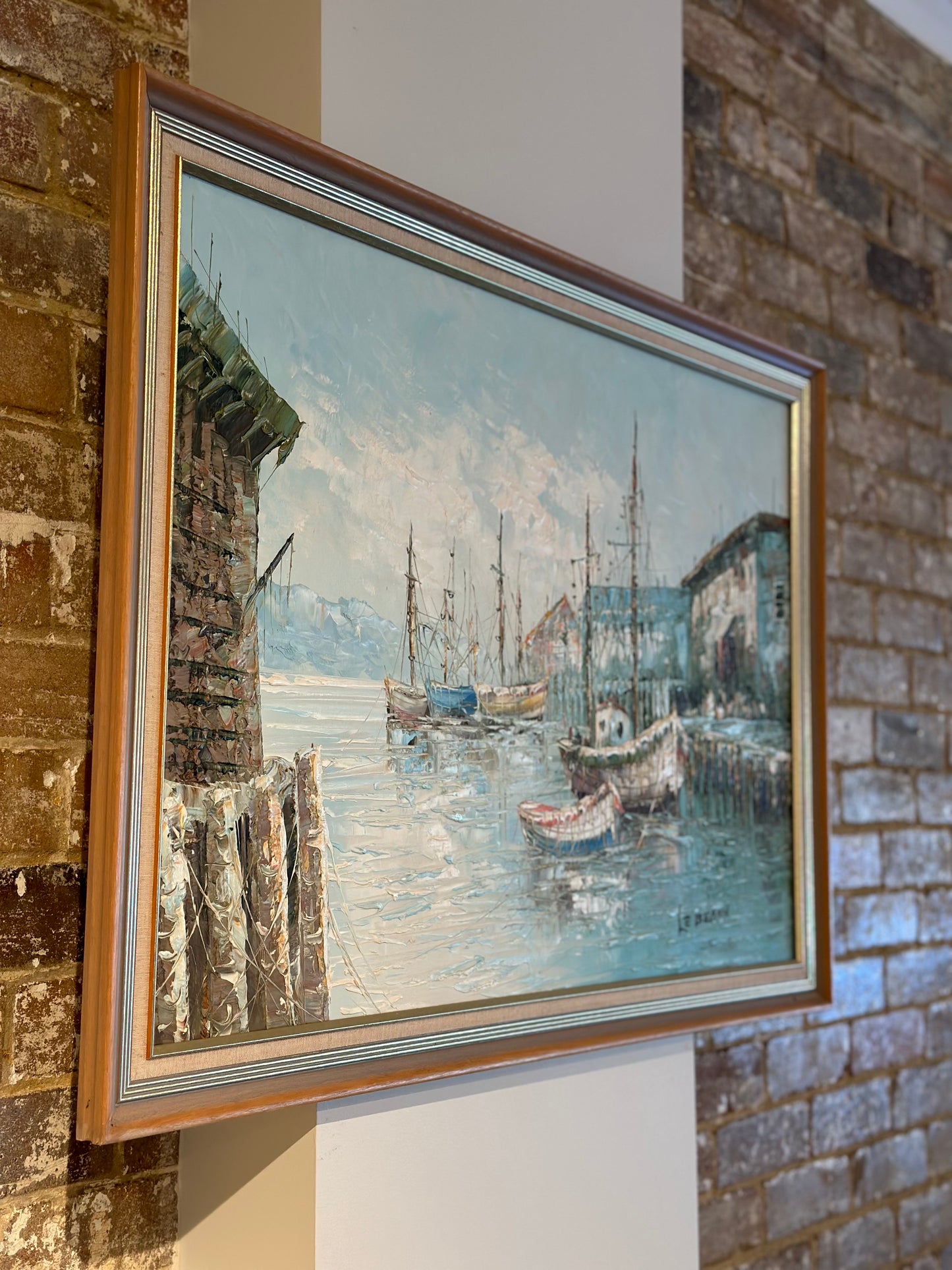 Framed Fishing Dock Harbour Art Oil Painting